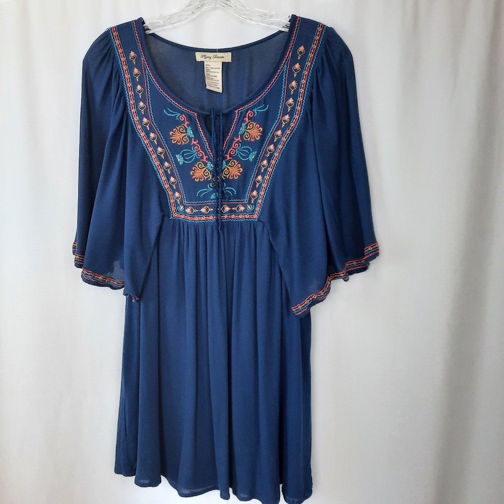 Flying Tomato Blue Embroidered Boho Chic Lined Tunic,  Size Small